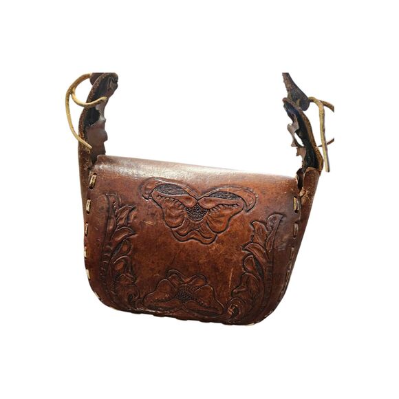 Vintage Hand Tooled Leather Bag Purse Shoulder Bag Brown - Picture 3 of 13